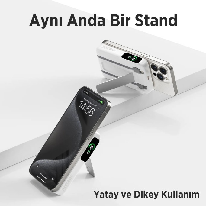 Bix TPB16 10.000 mAh OLED Ekranlı Manyetik Kablosuz Powerbank 20W PD Hızlı Şarj ve 15W MagSafe Beyaz