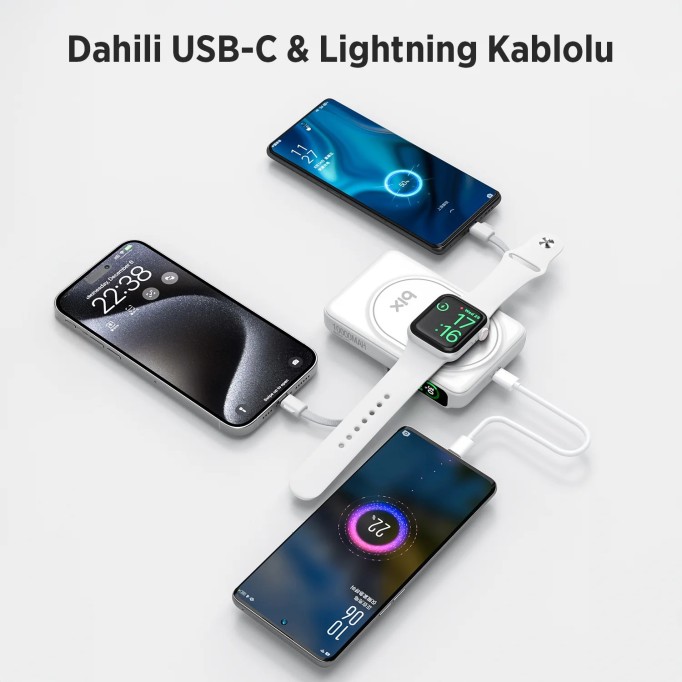 Bix TPB16 10.000 mAh OLED Ekranlı Manyetik Kablosuz Powerbank 20W PD Hızlı Şarj ve 15W MagSafe Beyaz