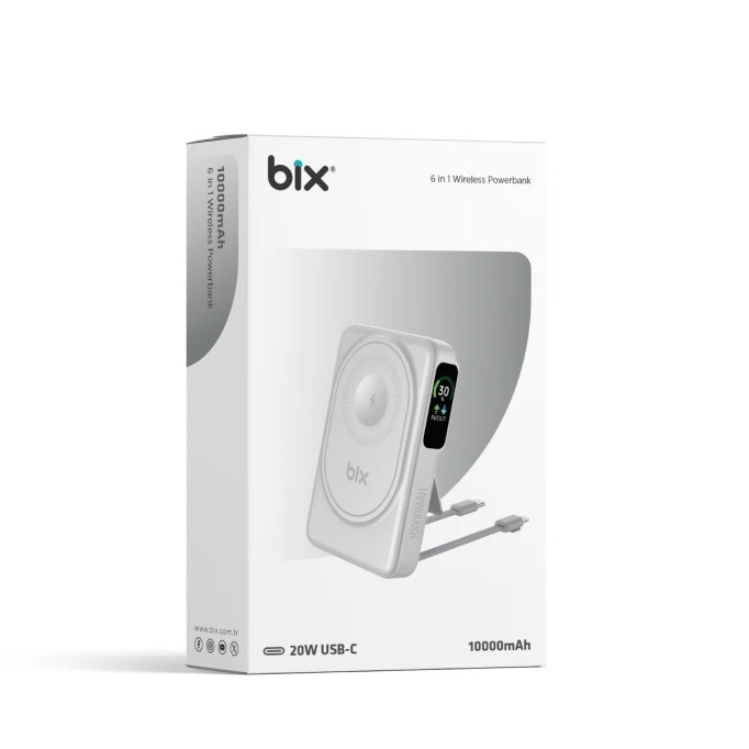 Bix TPB16 10.000 mAh OLED Ekranlı Manyetik Kablosuz Powerbank 20W PD Hızlı Şarj ve 15W MagSafe Beyaz