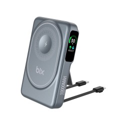 000 mAh Bix TPB16 10.000 mAh OLED Ekranlı Manyetik Kablosuz Powerbank 20W PD Hızlı Şarj ve 15W MagSafe Gri
