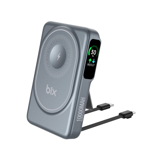 Bix TPB16 10.000 mAh OLED Ekranlı Manyetik Kablosuz Powerbank 20W PD Hızlı Şarj ve 15W MagSafe Gri