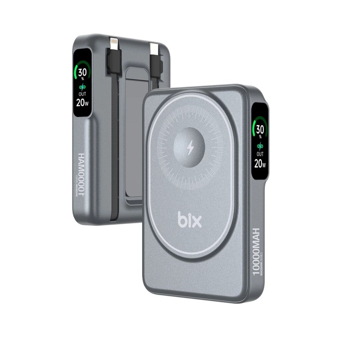 Bix TPB16 10.000 mAh OLED Ekranlı Manyetik Kablosuz Powerbank 20W PD Hızlı Şarj ve 15W MagSafe Gri