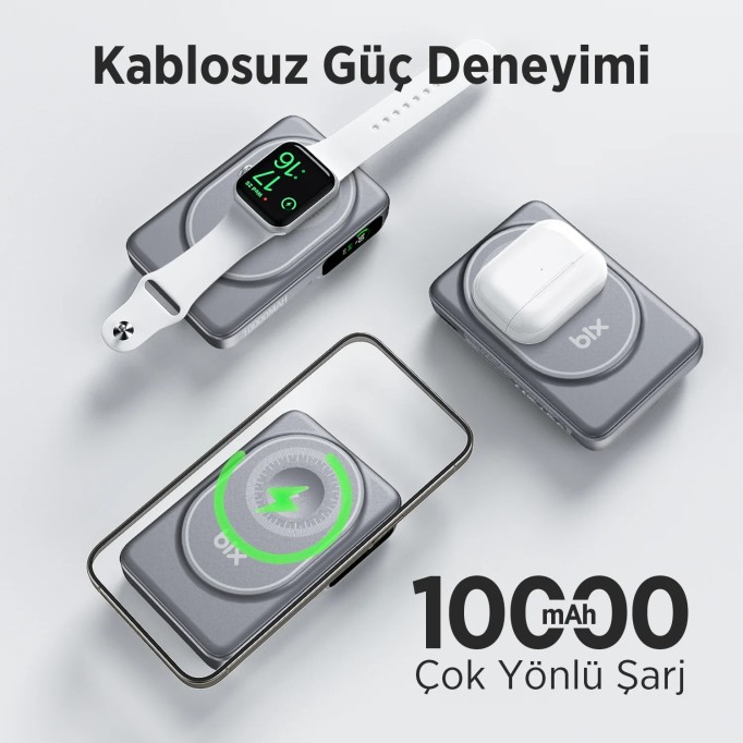 Bix TPB16 10.000 mAh OLED Ekranlı Manyetik Kablosuz Powerbank 20W PD Hızlı Şarj ve 15W MagSafe Gri