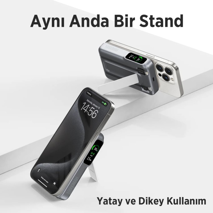 Bix TPB16 10.000 mAh OLED Ekranlı Manyetik Kablosuz Powerbank 20W PD Hızlı Şarj ve 15W MagSafe Gri