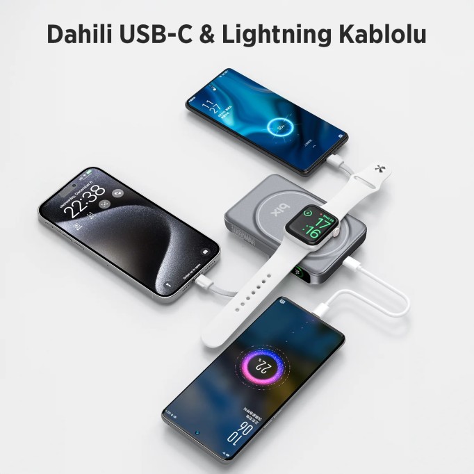 Bix TPB16 10.000 mAh OLED Ekranlı Manyetik Kablosuz Powerbank 20W PD Hızlı Şarj ve 15W MagSafe Gri