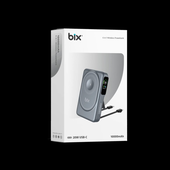 Bix TPB16 10.000 mAh OLED Ekranlı Manyetik Kablosuz Powerbank 20W PD Hızlı Şarj ve 15W MagSafe Gri