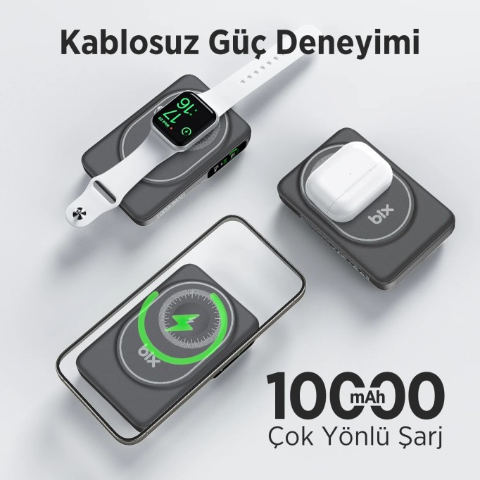Bix TPB16 10.000 mAh OLED Ekranlı Manyetik Kablosuz Powerbank 20W PD Hızlı Şarj ve 15W MagSafe Siyah
