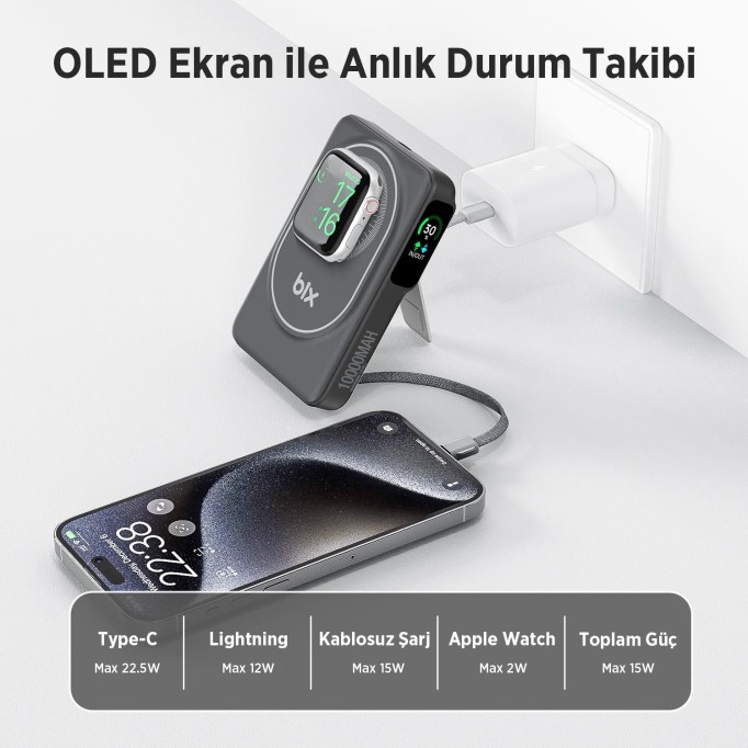 Bix TPB16 10.000 mAh OLED Ekranlı Manyetik Kablosuz Powerbank 20W PD Hızlı Şarj ve 15W MagSafe Siyah