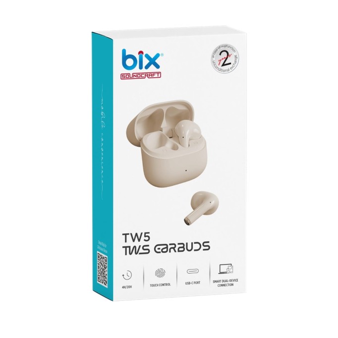 Bix TW5 Soundcraft Bluetooth 5.3 Çift Mikrofonlu TWS Kablosuz Kulak içi Kulaklık Bej