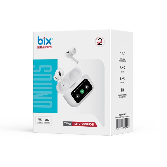 Bix TW8 Soundcraft ANC/ENC Destekli Dokunmatik Dijital Ekranlı Bluetooth 5.4 TWS Kulak içi Kulaklık Beyaz