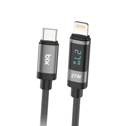 Bix Type-C to Lightning iPhone 27W Örgülü LED Dijital Ekranlı Şarj ve Data Kablosu 1 Metre