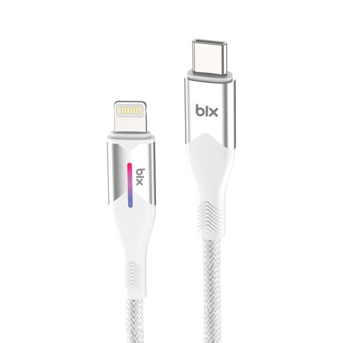 Bix Type-C to Lightning iPhone 27W Örgülü LED Işıklı Şarj ve Data Kablosu 1 Metre Beyaz