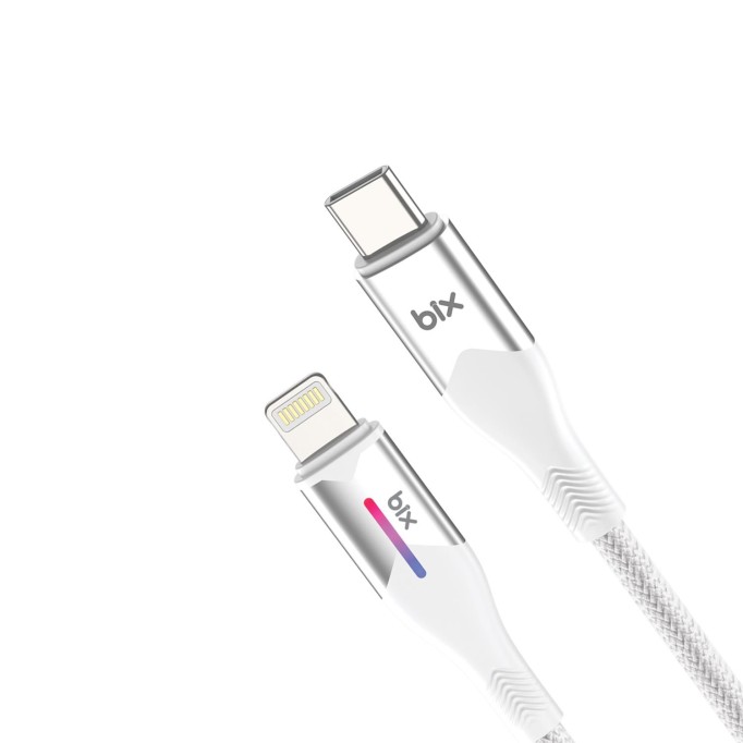 Bix Type-C to Lightning iPhone 27W Örgülü LED Işıklı Şarj ve Data Kablosu 1 Metre Beyaz