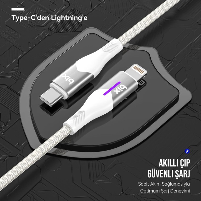Bix Type-C to Lightning iPhone 27W Örgülü LED Işıklı Şarj ve Data Kablosu 1 Metre Beyaz