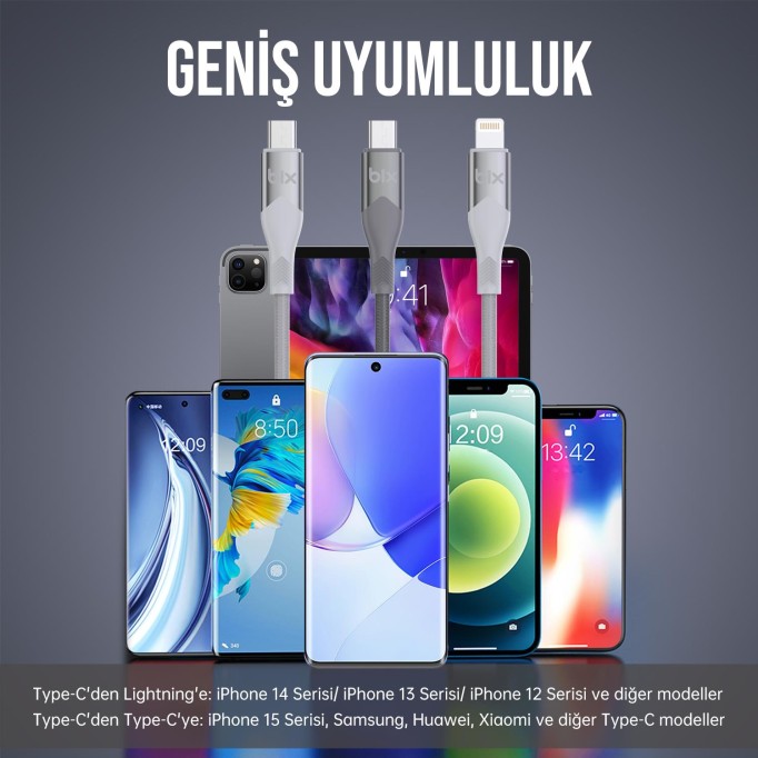 Bix Type-C to Lightning iPhone 27W Örgülü LED Işıklı Şarj ve Data Kablosu 1 Metre Beyaz