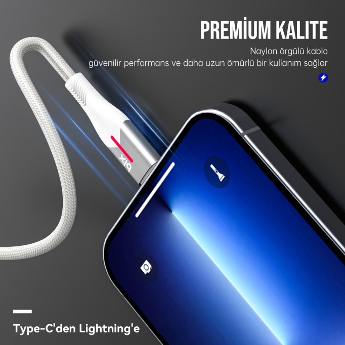 Bix Type-C to Lightning iPhone 27W Örgülü LED Işıklı Şarj ve Data Kablosu 1 Metre Beyaz