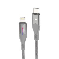 Bix Type-C to Lightning iPhone 27W Örgülü LED Işıklı Şarj ve Data Kablosu 1 Metre Gri