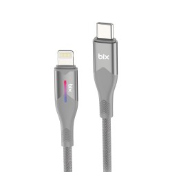 Gri Bix Type-C to Lightning iPhone 27W Örgülü LED Işıklı Şarj ve Data Kablosu 1 Metre Gri