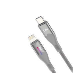 Bix Type-C to Lightning iPhone 27W Örgülü LED Işıklı Şarj ve Data Kablosu 1 Metre Gri