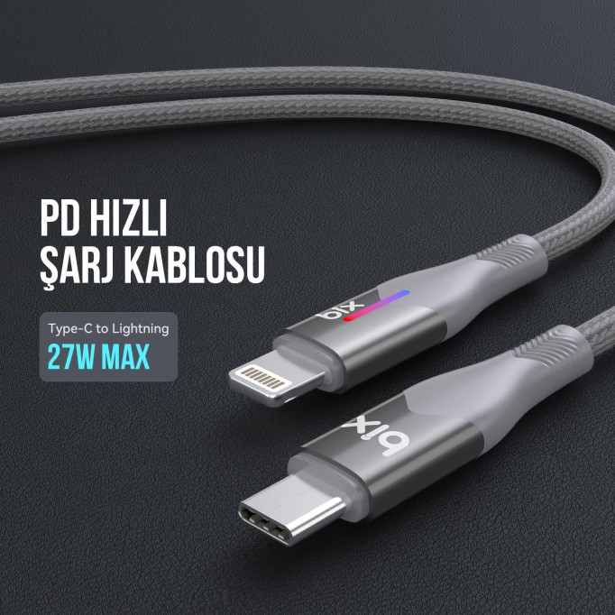 Bix Type-C to Lightning iPhone 27W Örgülü LED Işıklı Şarj ve Data Kablosu 1 Metre Gri