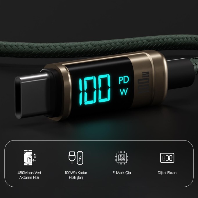 Bix Type-C to Type-C 100W 480Mbps E-Marker Çipli LED Dijital Ekranlı Şarj ve Data Kablosu 1 Metre Bronz
