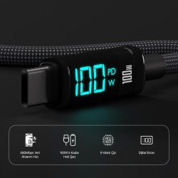 Bix Type-C to Type-C 100W 480Mbps E-Marker Çipli LED Dijital Ekranlı Şarj ve Data Kablosu 1 Metre Siyah