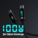 Bix Type-C to Type-C 100W 480Mbps E-Marker Çipli LED Dijital Ekranlı Şarj ve Data Kablosu 1 Metre Siyah