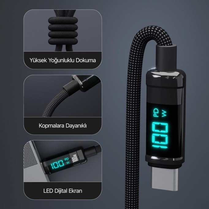 Bix Type-C to Type-C 100W 480Mbps E-Marker Çipli LED Dijital Ekranlı Şarj ve Data Kablosu 1 Metre Siyah
