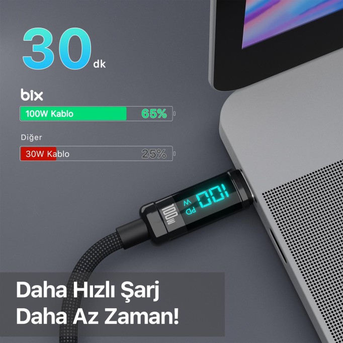 Bix Type-C to Type-C 100W 480Mbps E-Marker Çipli LED Dijital Ekranlı Şarj ve Data Kablosu 1 Metre Siyah