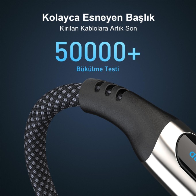 Bix Type-C to Type-C 240W 480Mbps E-Marker Çip Dijital Ekran Göstergeli Örgülü Şarj ve Data Kablosu 1 Metre