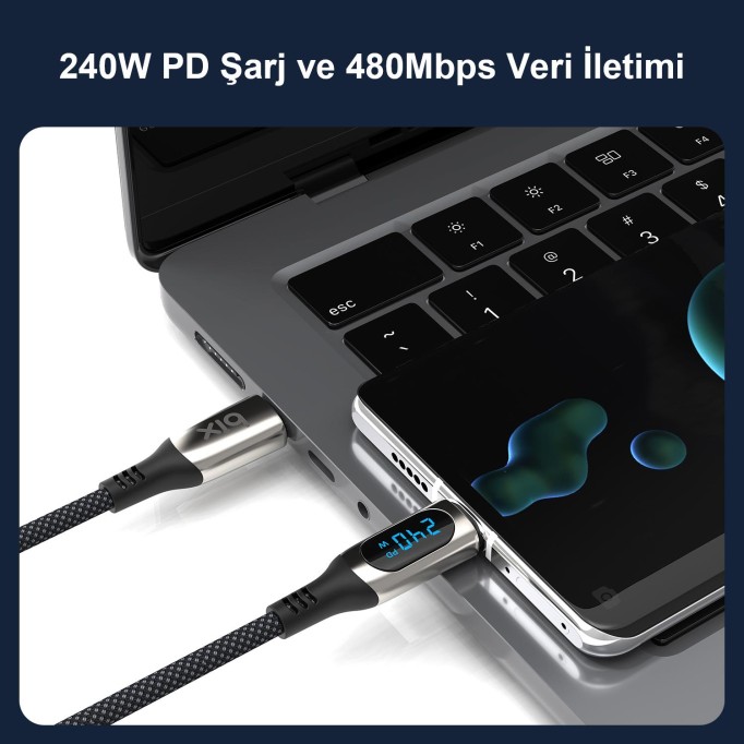 Bix Type-C to Type-C 240W 480Mbps E-Marker Çip Dijital Ekran Göstergeli Örgülü Şarj ve Data Kablosu 1 Metre