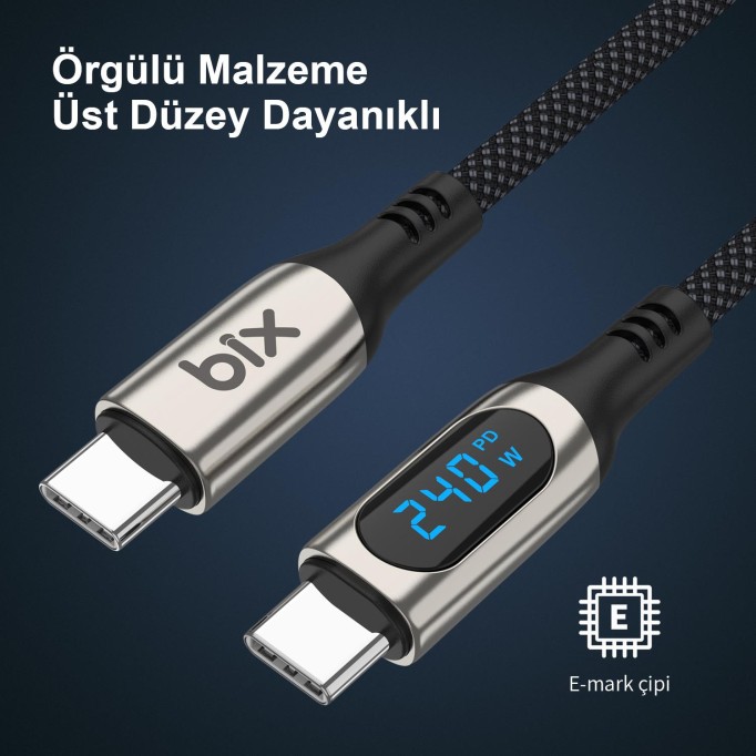 Bix Type-C to Type-C 240W 480Mbps E-Marker Çip Dijital Ekran Göstergeli Örgülü Şarj ve Data Kablosu 1 Metre