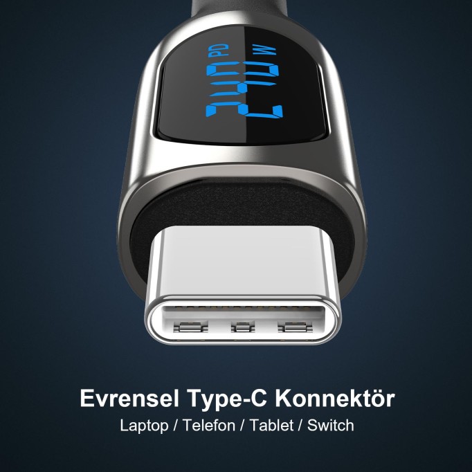 Bix Type-C to Type-C 240W 480Mbps E-Marker Çip Dijital Ekran Göstergeli Örgülü Şarj ve Data Kablosu 1 Metre