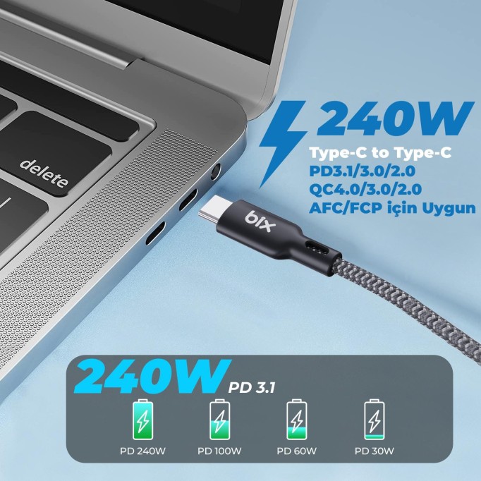 Bix Type-C to Type-C 240W 480Mbps USB-IF Sertifikalı Hi-Speed Örgülü Şarj ve Data Kablosu 1.8 Metre