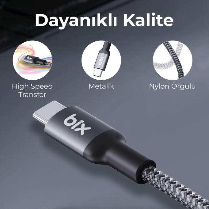 Bix Type-C to Type-C 240W 480Mbps USB-IF Sertifikalı Metal Başlıklı Örgülü Şarj & Data Kablosu 1.8 Metre