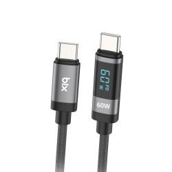Bix Type-C to Type-C 60W Örgülü LED Dijital Ekranlı Şarj ve Data Kablosu 1 Metre
