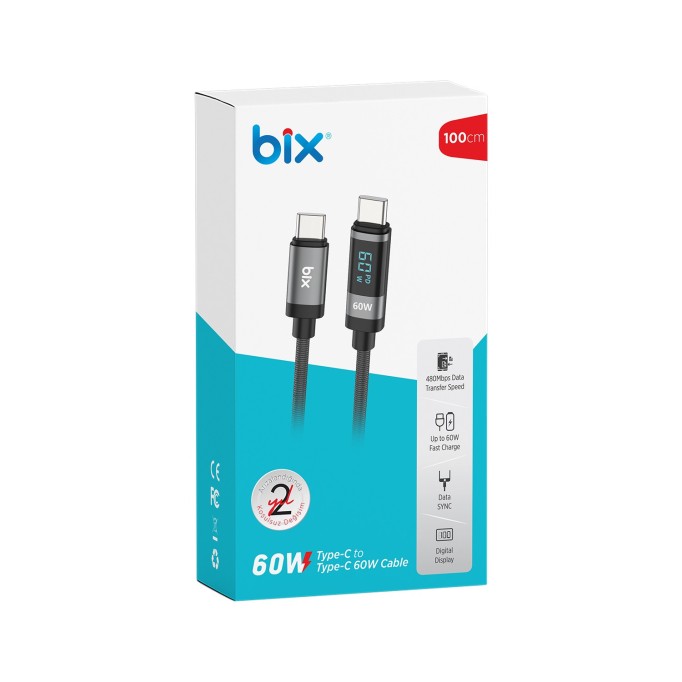 Bix Type-C to Type-C 60W Örgülü LED Dijital Ekranlı Şarj ve Data Kablosu 1 Metre