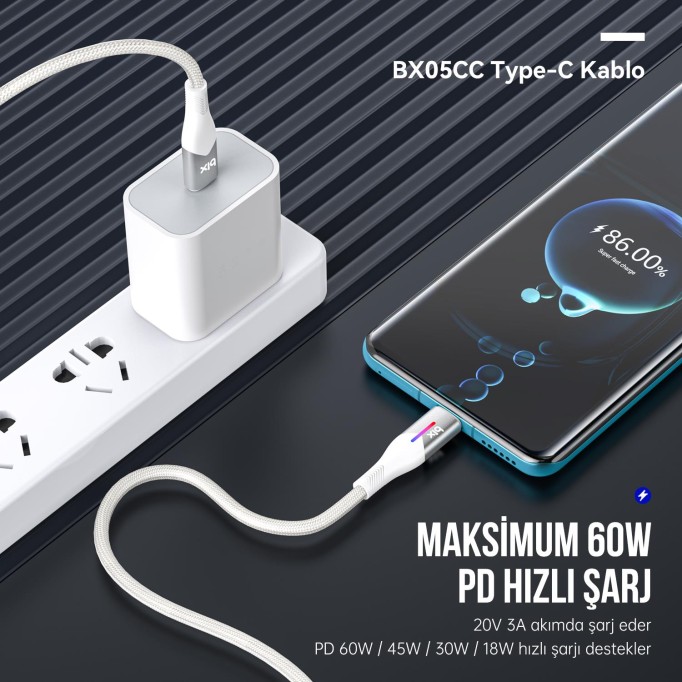 Bix Type-C to Type-C 60W Örgülü LED Işıklı Şarj ve Data Kablosu 1 Metre Beyaz