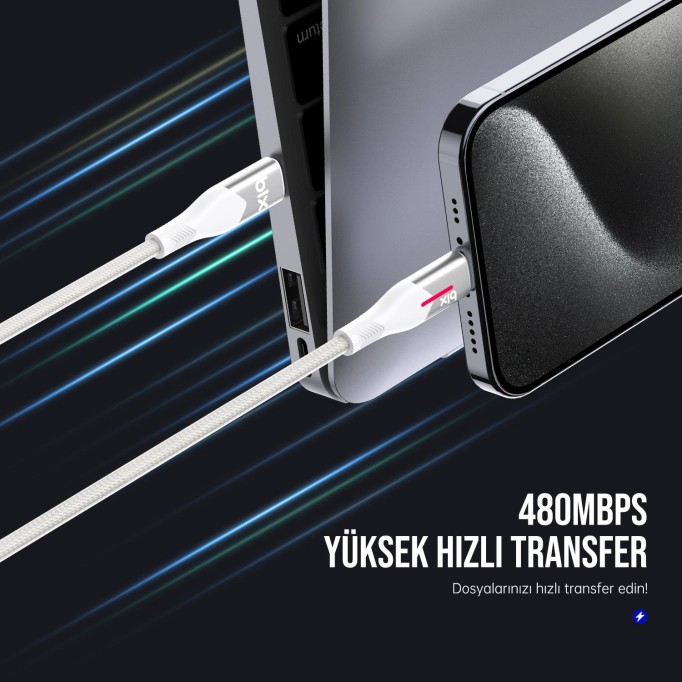 Bix Type-C to Type-C 60W Örgülü LED Işıklı Şarj ve Data Kablosu 1 Metre Beyaz
