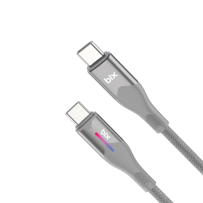 Bix Type-C to Type-C 60W Örgülü LED Işıklı Şarj ve Data Kablosu 1 Metre Gri