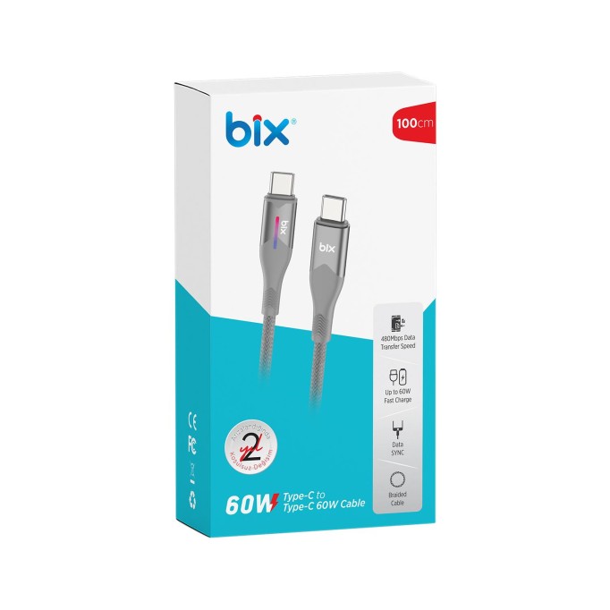 Bix Type-C to Type-C 60W Örgülü LED Işıklı Şarj ve Data Kablosu 1 Metre Gri