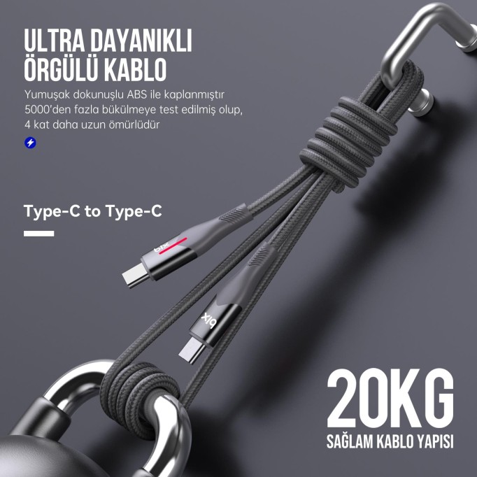 Bix Type-C to Type-C 60W Örgülü LED Işıklı Şarj ve Data Kablosu 1 Metre Gri