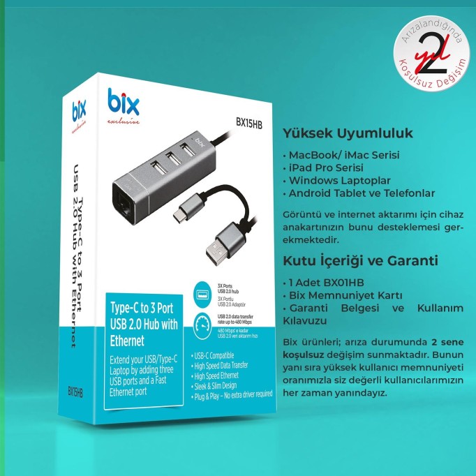 Bix Type-C USB Ethernet 3 Portlu Çoklayıcı Hub