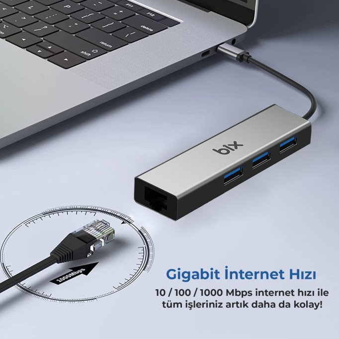Bix USB 3.0 Gigabit Ethernet 3 Portlu Çoklayıcı Hub