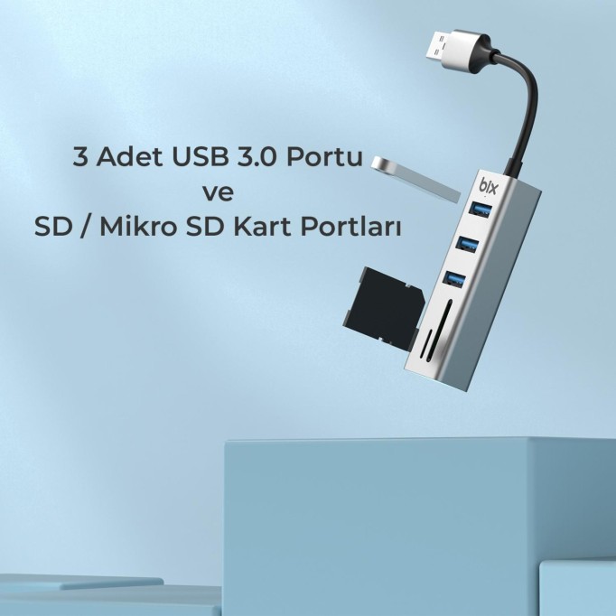 Bix USB 3.0 Kart Okuyucu ve 3 Portlu Çoklayıcı Hub