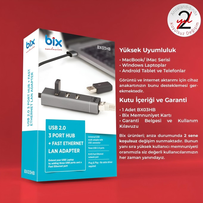 Bix USB Ethernet Dönüştürücü 3 Portlu USB Hub