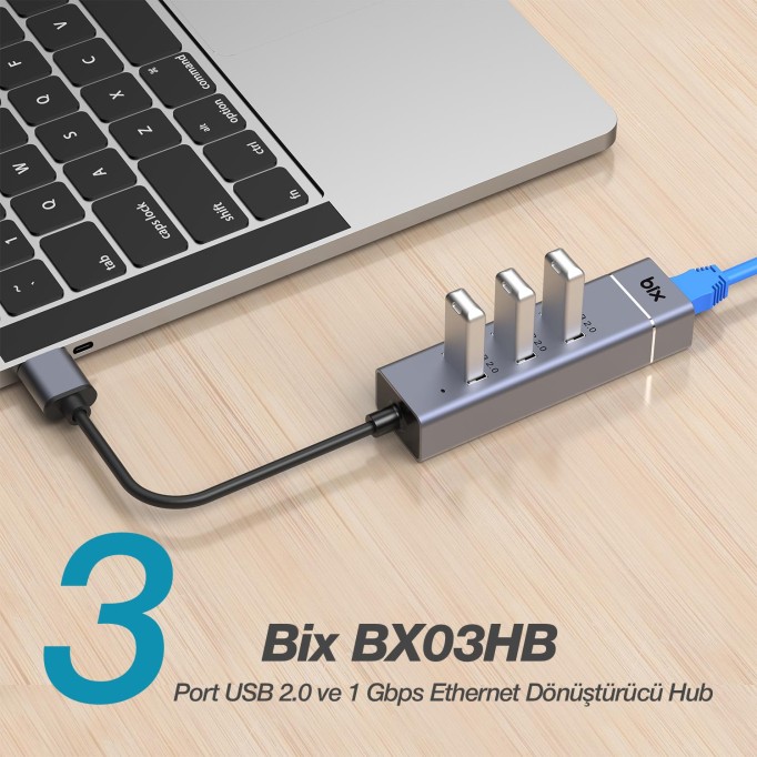 Bix USB Ethernet Dönüştürücü 3 Portlu USB Hub