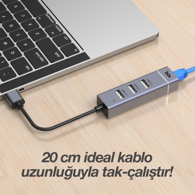 Bix USB Ethernet Dönüştürücü 3 Portlu USB Hub