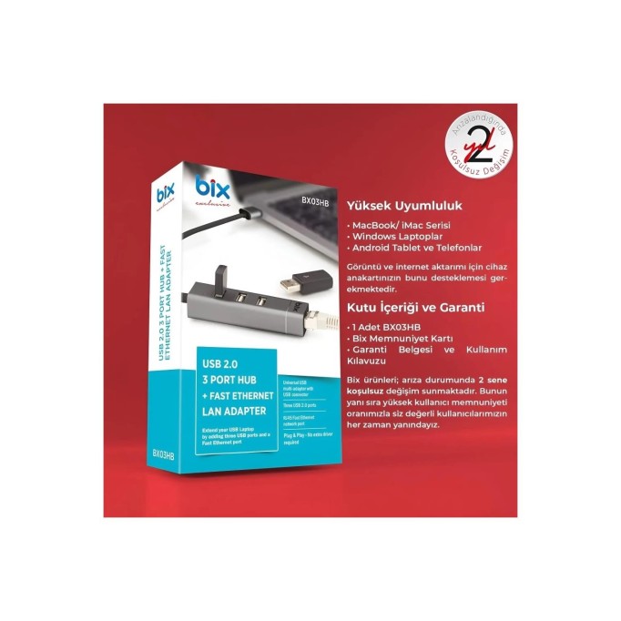 Bix USB Ethernet Dönüştürücü 3 Portlu USB Hub