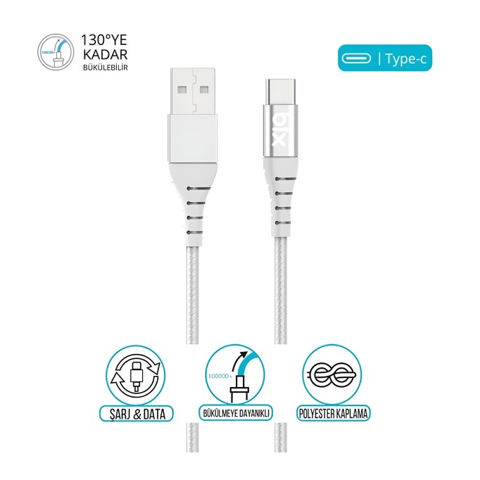 Bix USB Type-C Ultra Güçlendirilmiş Şarj Kablosu Beyaz